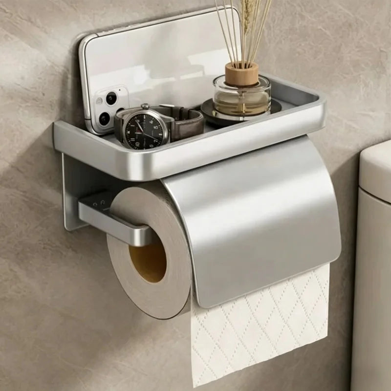 Wall-Mounted Aluminum Toilet Paper Holder with Storage Shelf - 13
