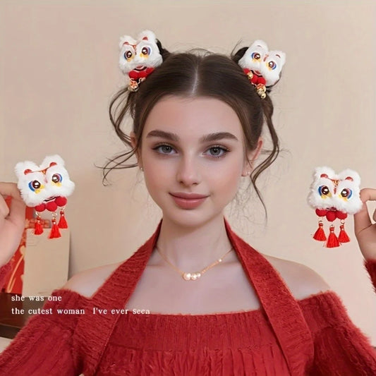 Plush Lion Dance Tassel Hair Clips for Lunar New Year