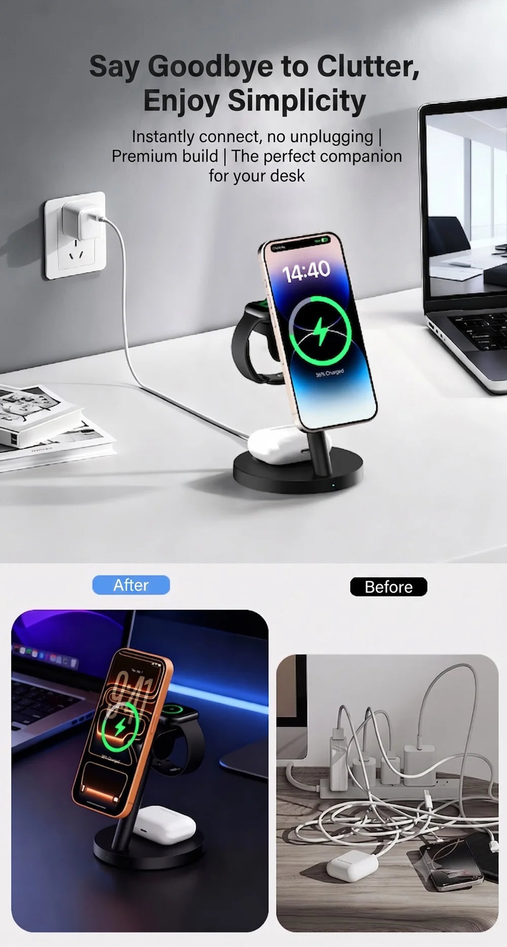 3-in-1 Magnetic Fast Wireless Charging Stand for Phone Watch and Earbuds