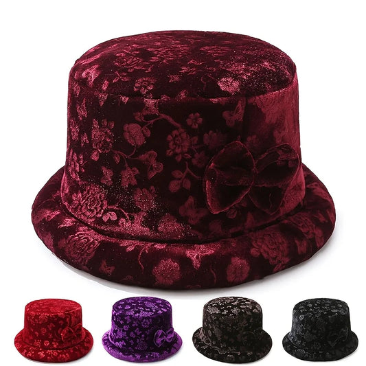 Elegant Floral Velvet Bucket Hat Warm Winter Women Cap with Butterfly Bow