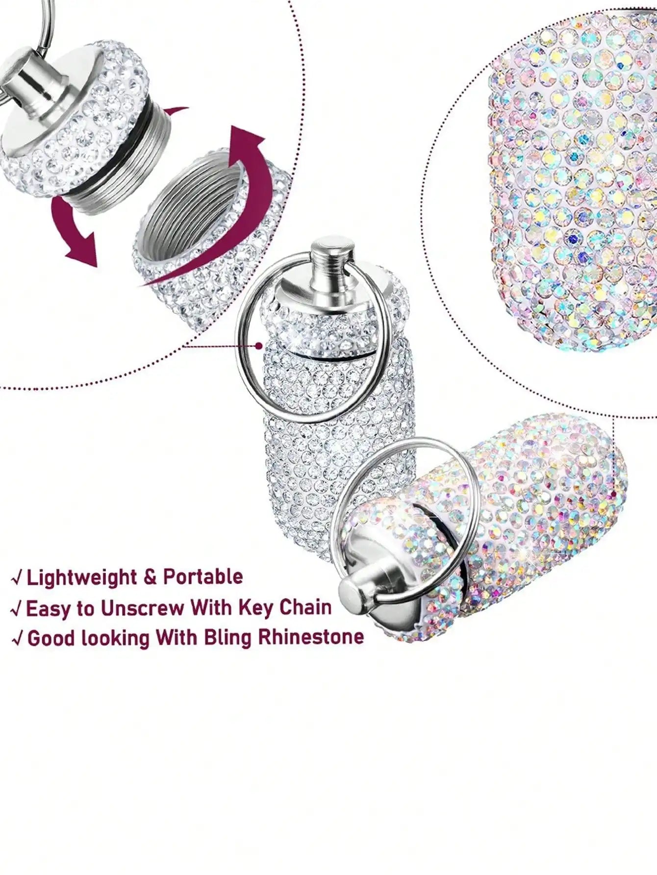Waterproof Rhinestone Keychain Pill Holder Case - 14