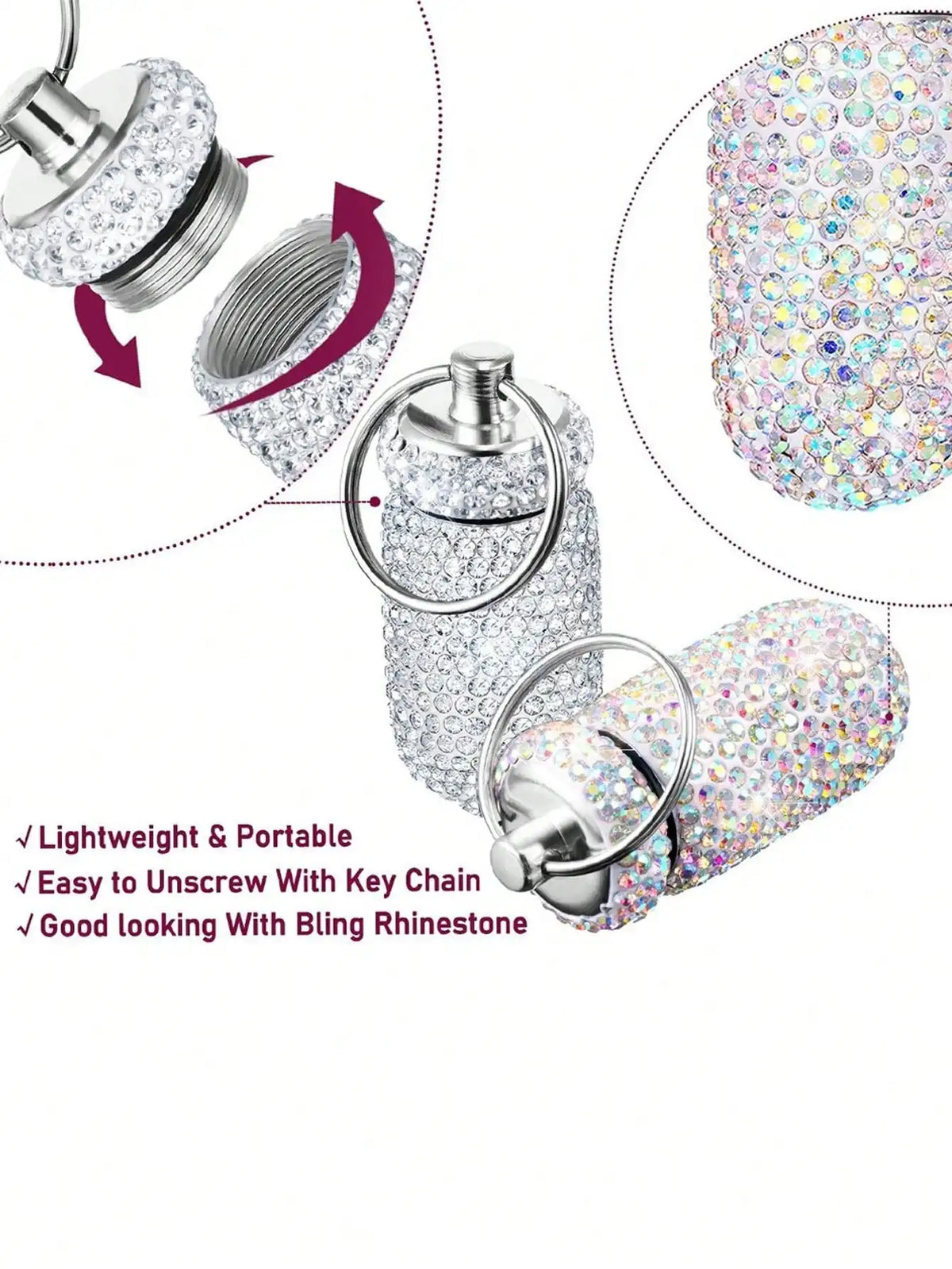 Waterproof Rhinestone Keychain Pill Holder Case