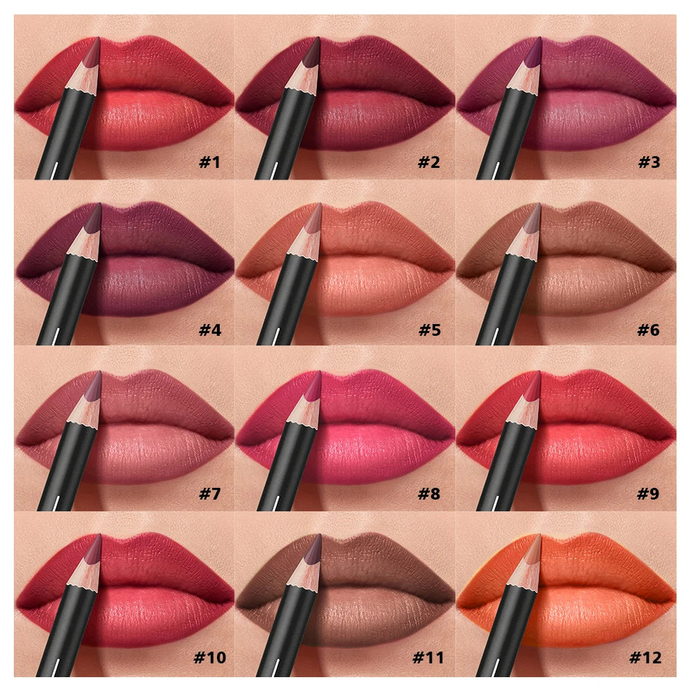 12-Piece Waterproof Semi-Matte Lip Liner Pencil Set