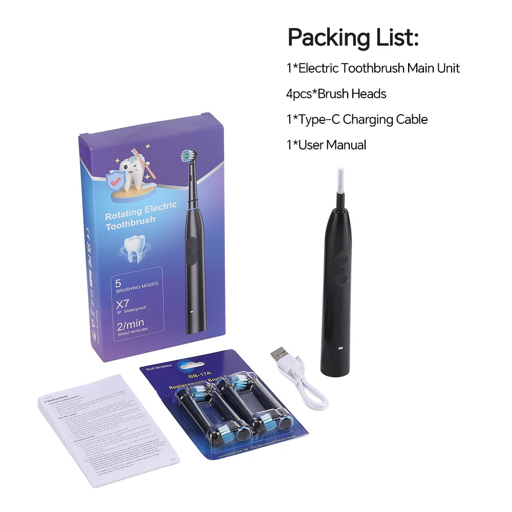 5-Mode Rechargeable Electric Toothbrush with 4 Replacement Heads