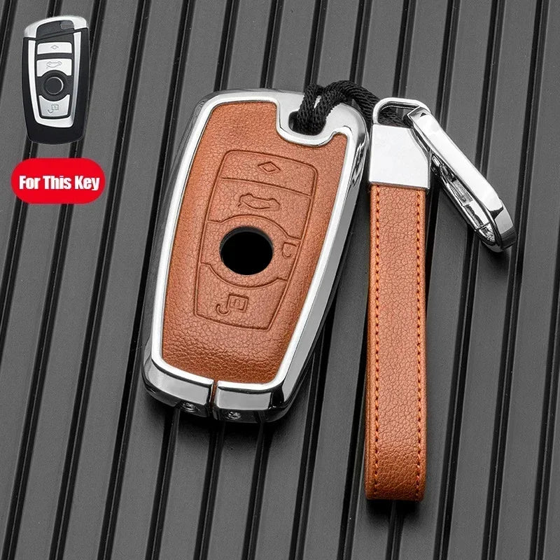 Premium Metal and Leather Car Key Case Cover for BMW
