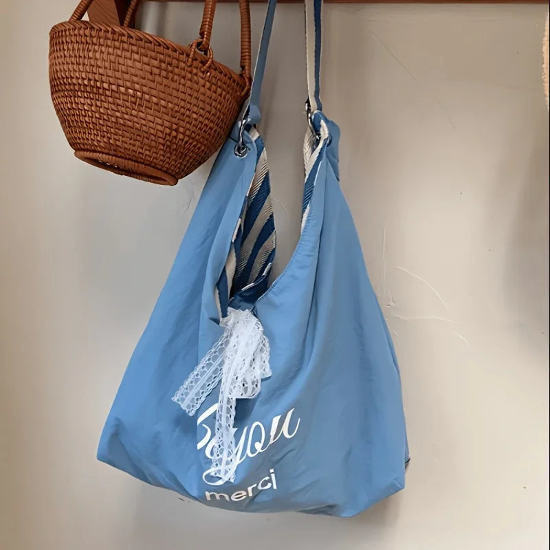 Double-Sided Reversible Tote Bag with Lace Bow