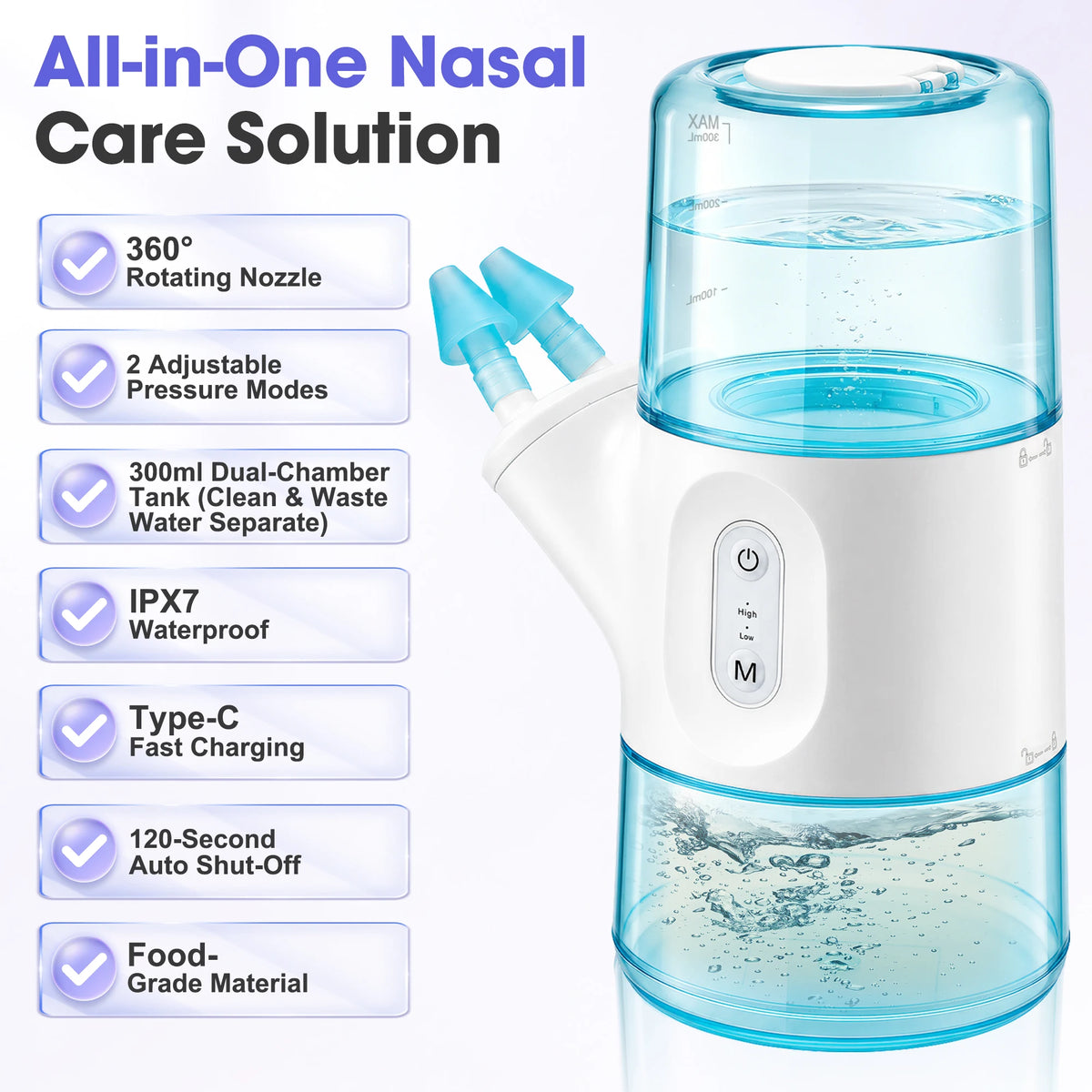 Electric Nasal Irrigator with 300ml Tank for Sinus Relief