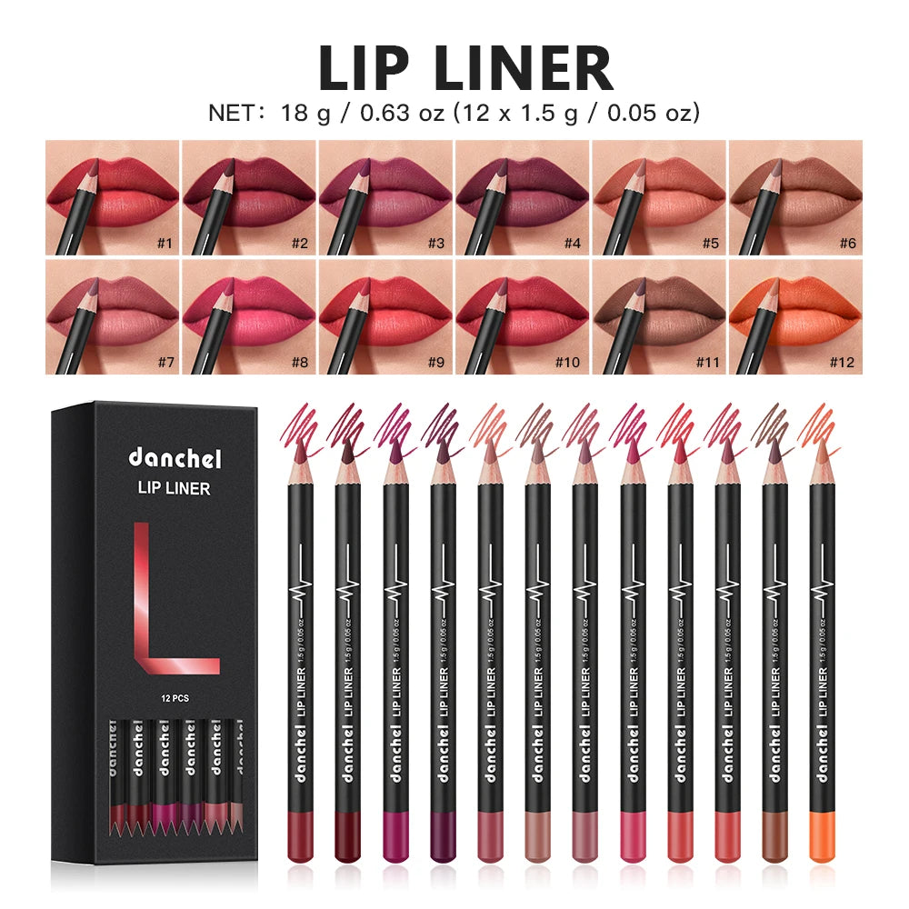 12-Piece Waterproof Semi-Matte Lip Liner Pencil Set
