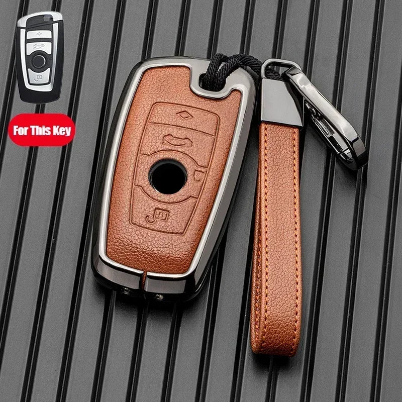 Premium Metal and Leather Car Key Case Cover for BMW - 1