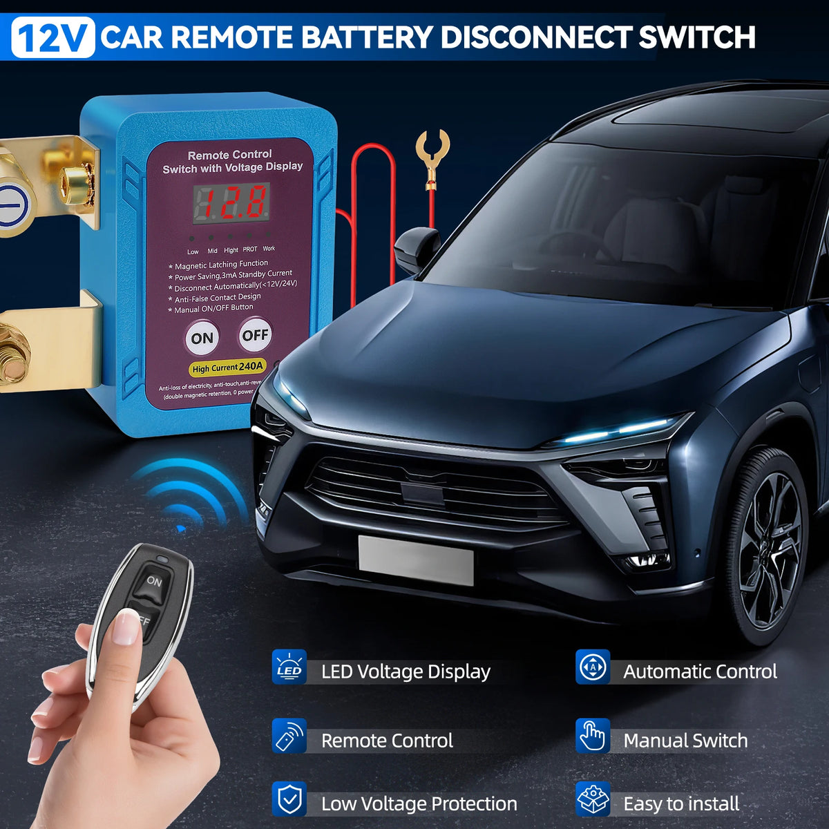 Remote Battery Disconnect Switch 12V 24V Car Kill Switch Voltage Display