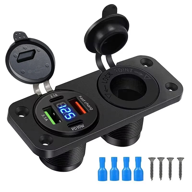 Dual USB Car Charger Socket with Voltmeter and Cigarette Lighter - 19