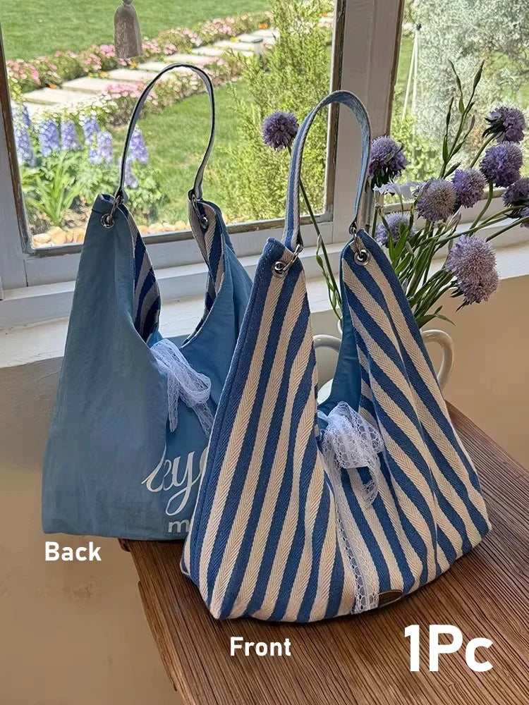 Double-Sided Reversible Tote Bag with Lace Bow - 17