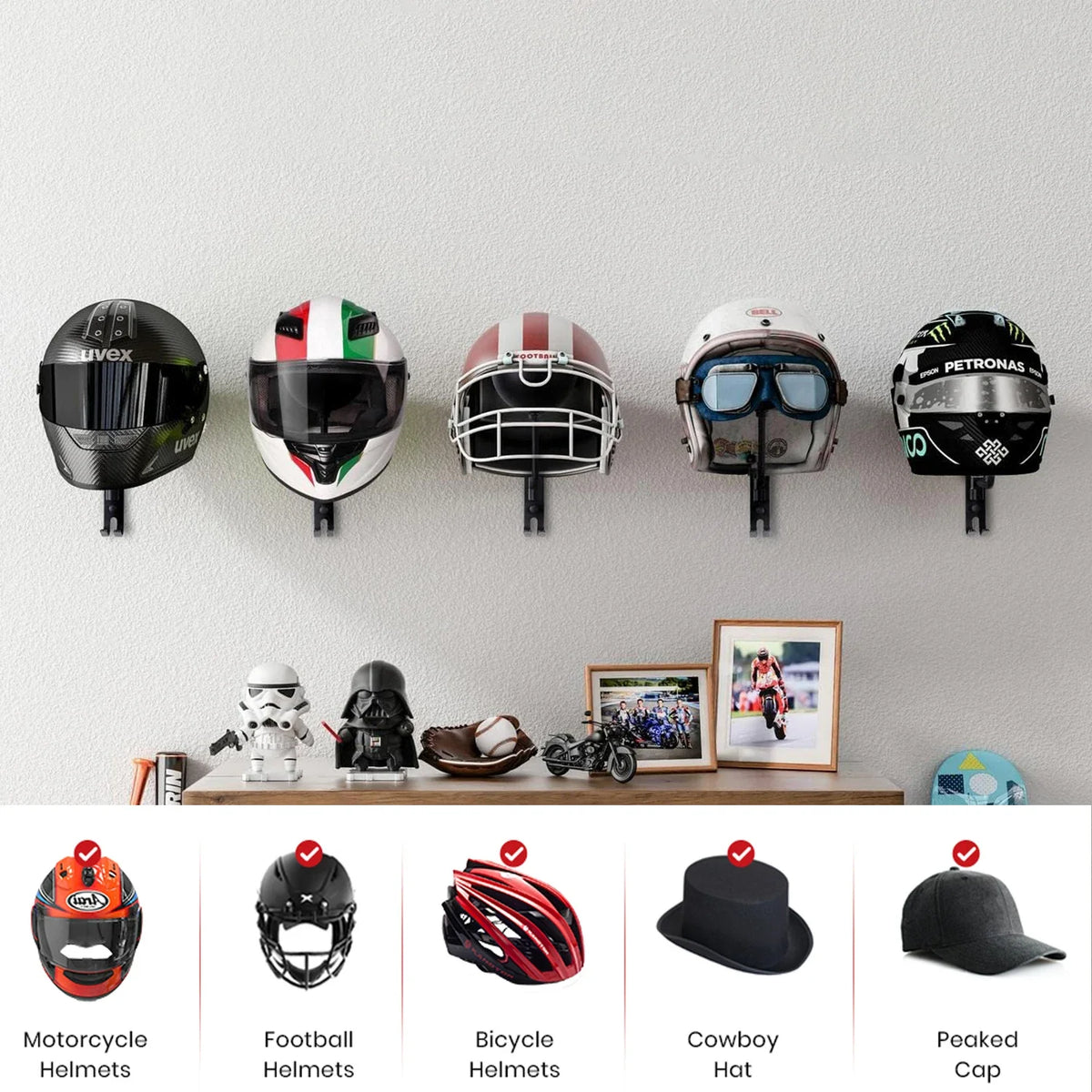 Rotating Wall-Mount Helmet Holder with Storage Hook