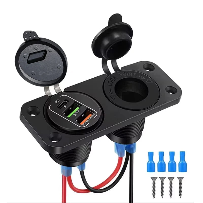 Dual USB Car Charger Socket with Voltmeter and Cigarette Lighter