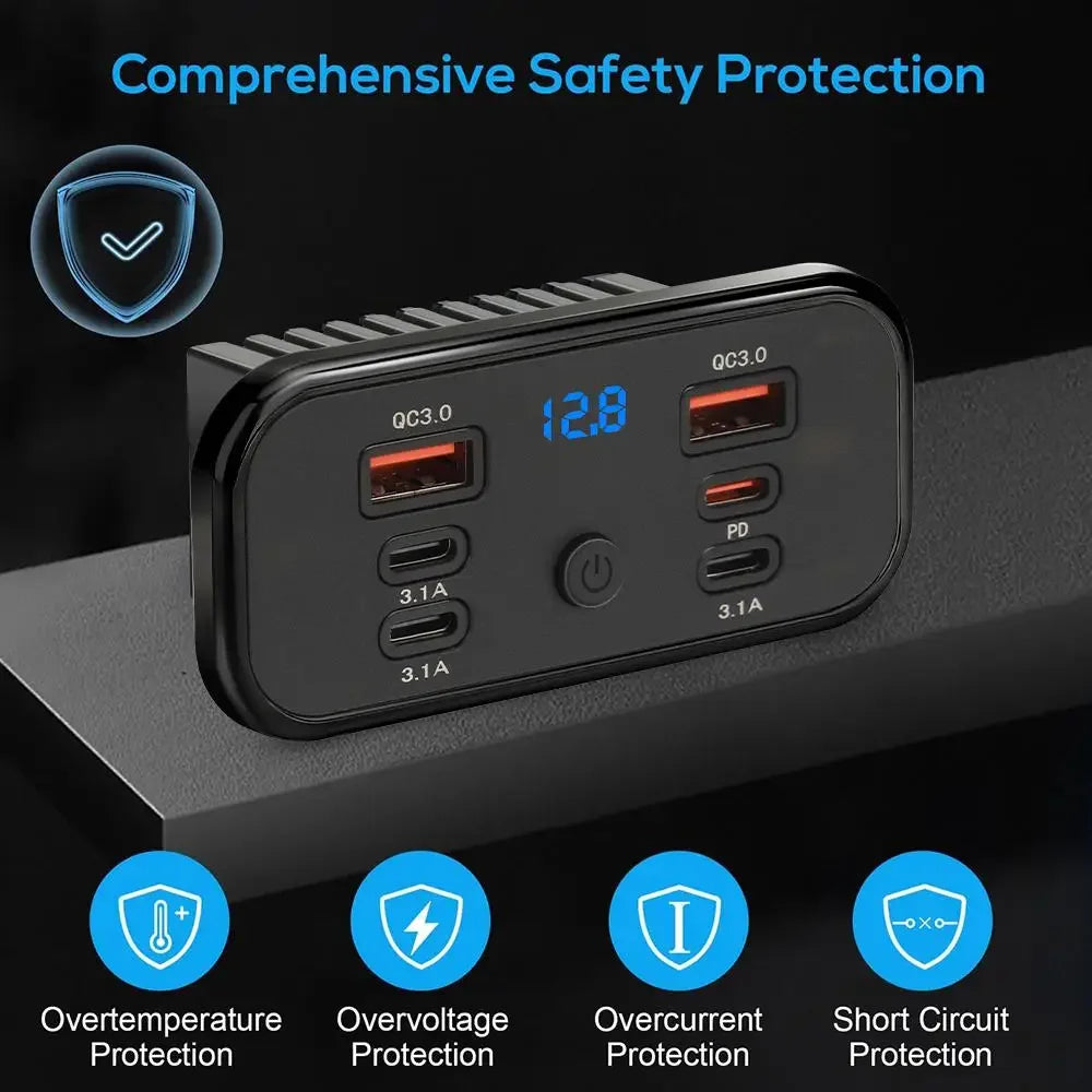 6-Port Fast Charging Car Socket Adapter with LED Voltage Display