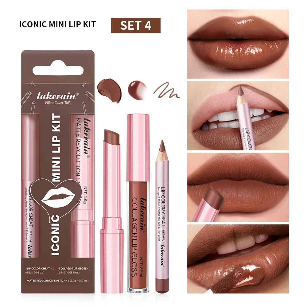3-Piece Waterproof Matte Lipstick and Lip Liner Makeup Set - 24