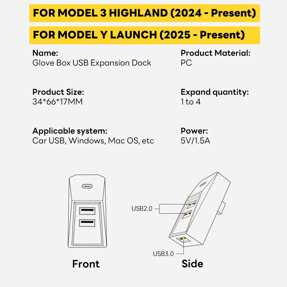 Glovebox USB Hub Docking Station for Tesla Model 3 Highland and Model Y