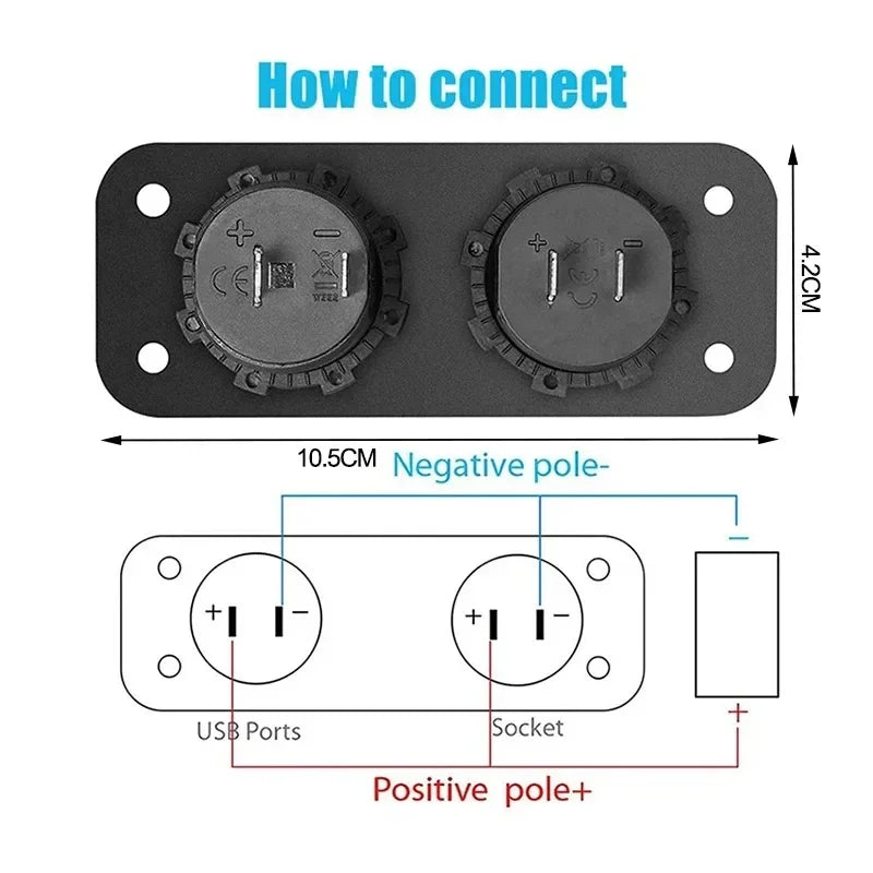 Dual USB Car Charger Socket with Voltmeter and Cigarette Lighter