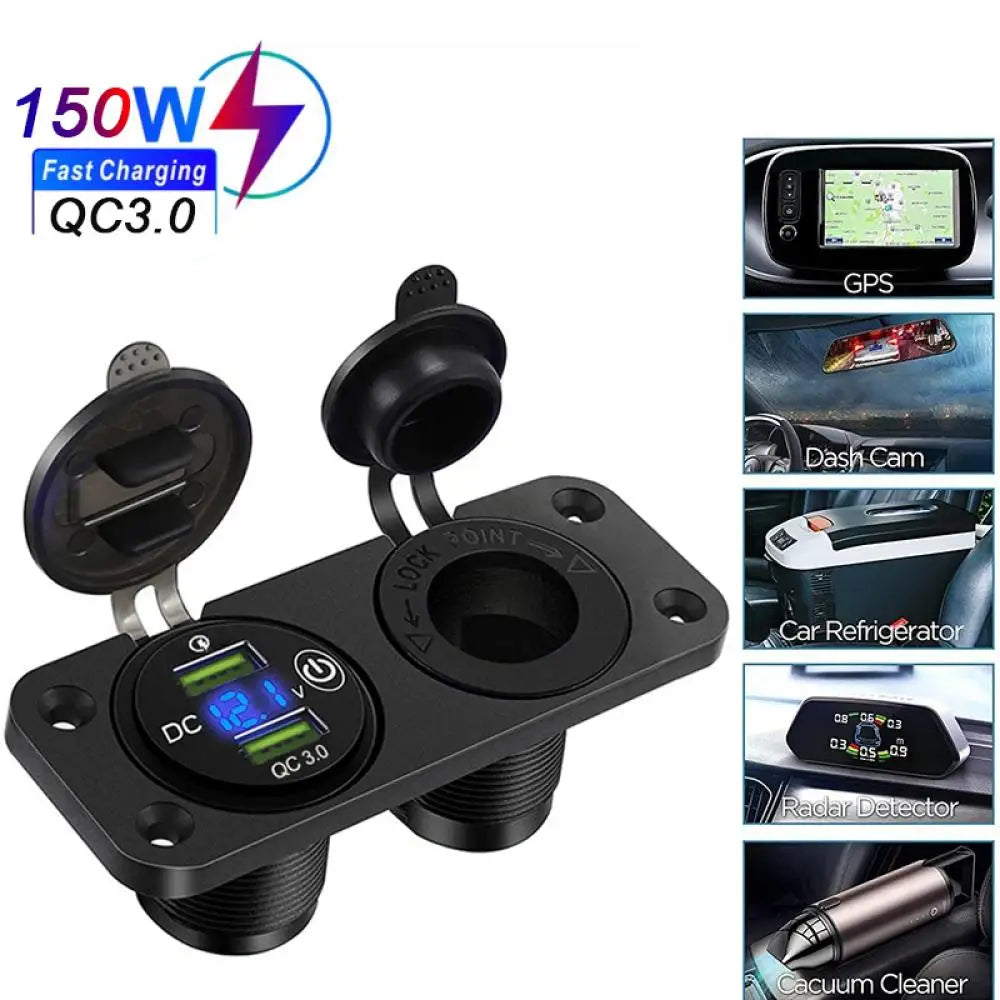 Dual USB Car Charger Socket with Voltmeter and Cigarette Lighter