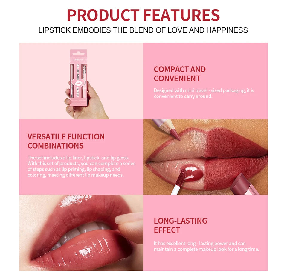 3-Piece Waterproof Matte Lipstick and Lip Liner Makeup Set