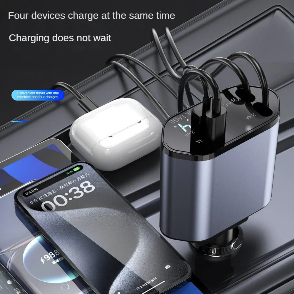4-in-1 Retractable Fast Charging Car Charger - 2