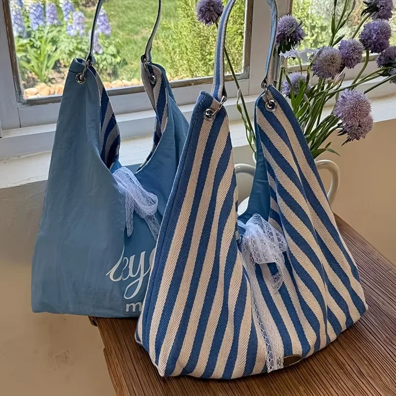 Double-Sided Reversible Tote Bag with Lace Bow