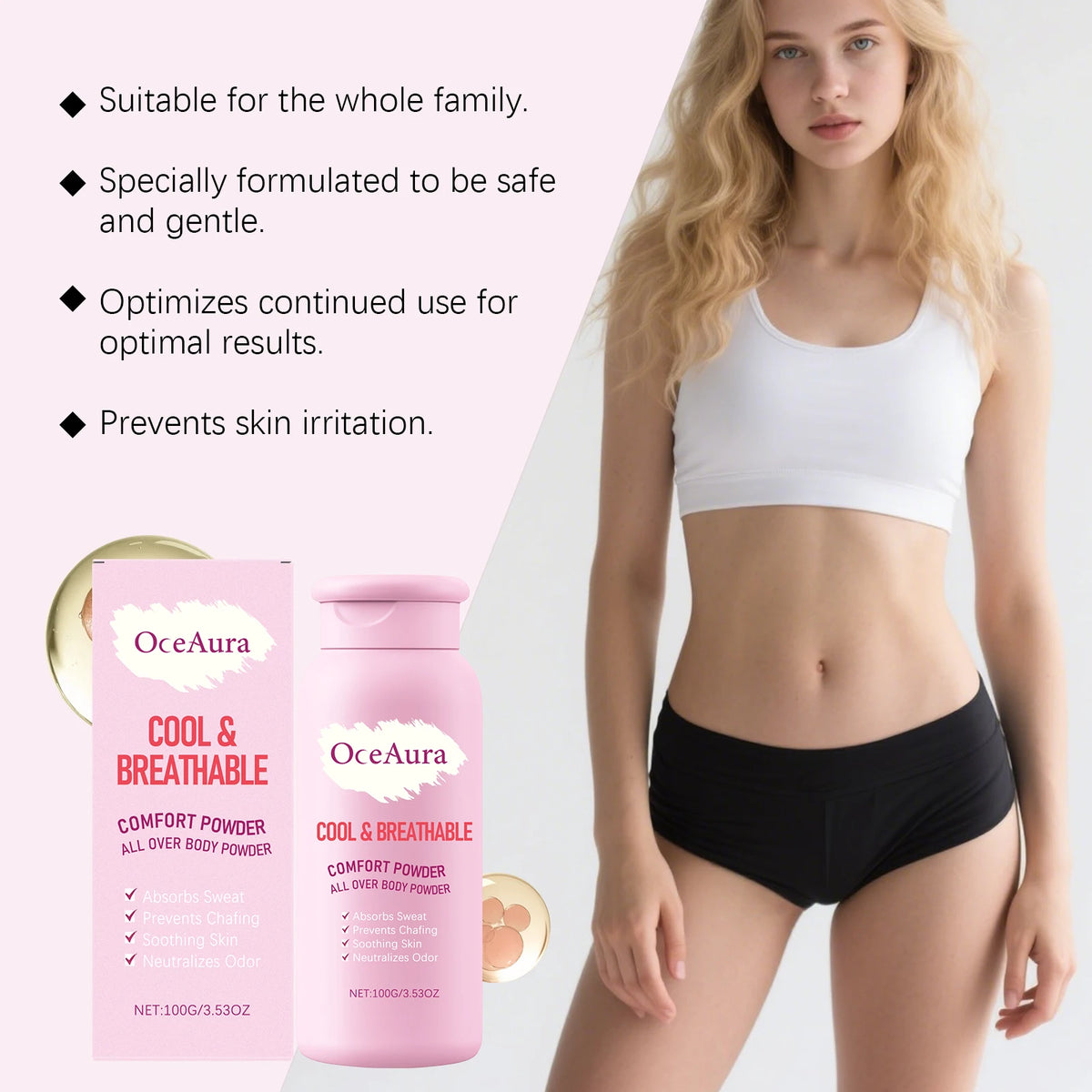 Cooling Sweat-Absorbing Body Powder for Anti-Chafing Comfort