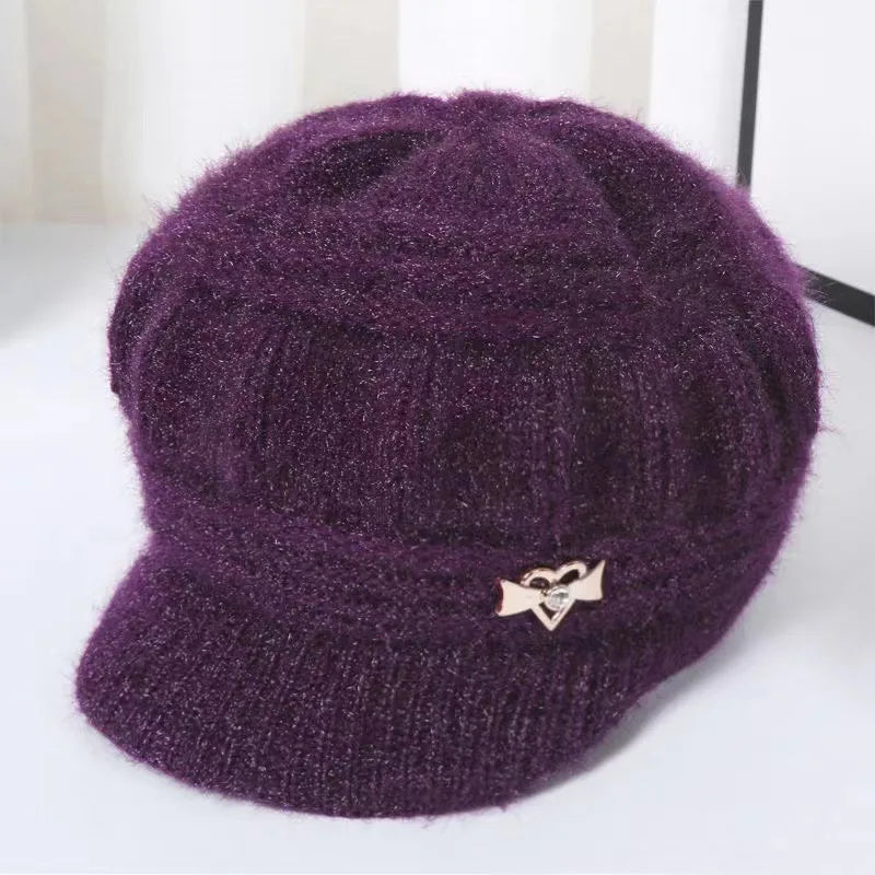 Warm Knitted Winter Hat with Brim for Women - 7
