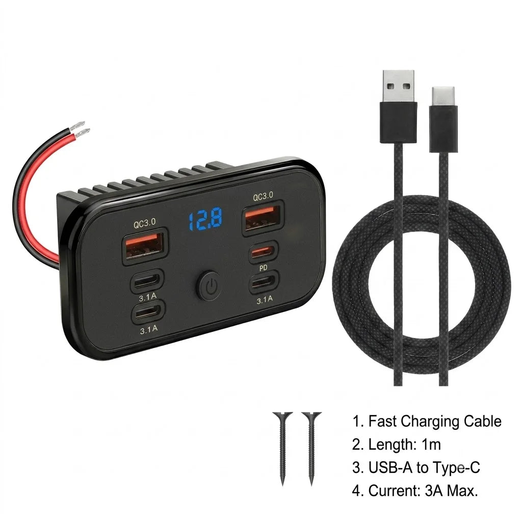 6-Port Fast Charging Car Socket Adapter with LED Voltage Display - 18