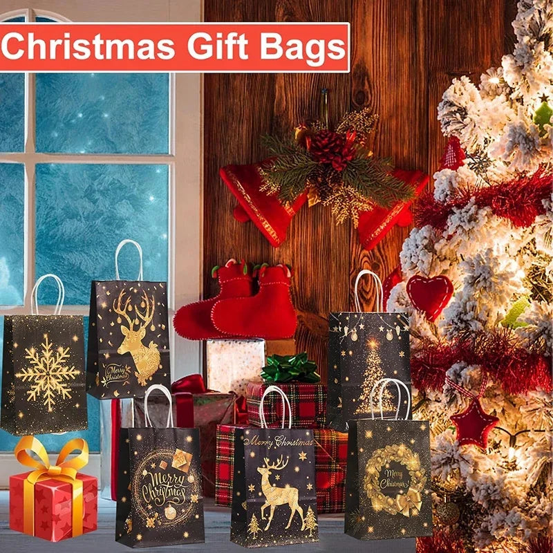 Decorative Holiday Kraft Paper Gift Bags with Handles - 8
