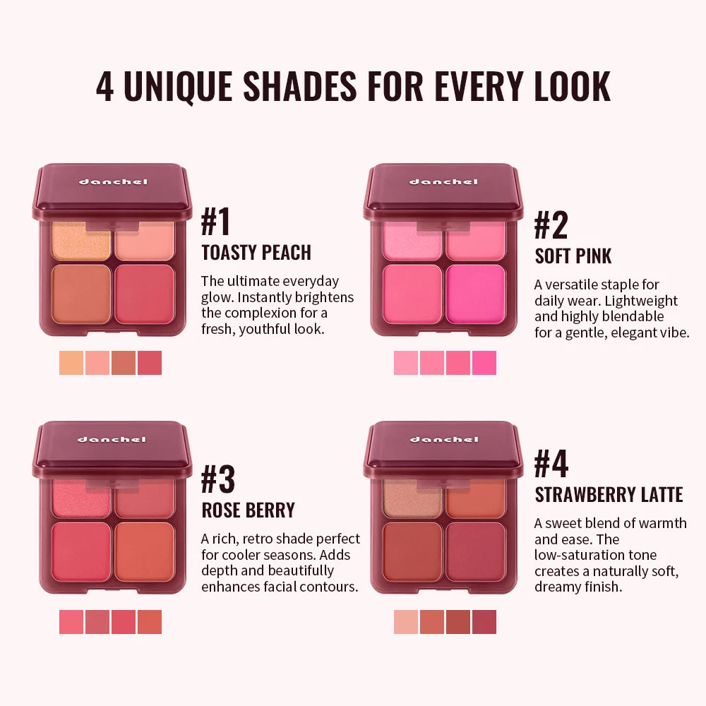 4-Shade Matte and Shimmer Blush Palette for Radiant Cheek Makeup