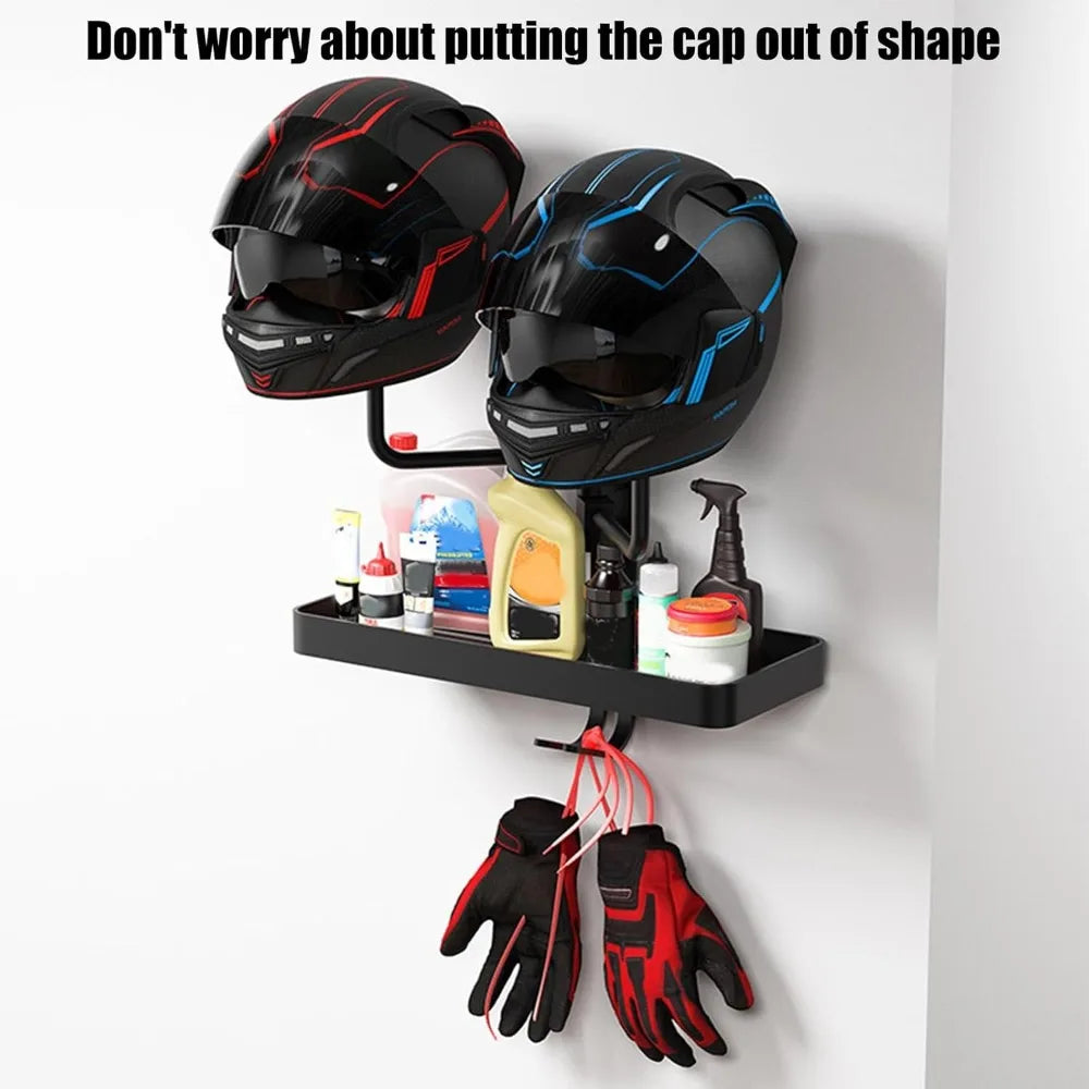 Wall Mounted Motorcycle Helmet Rack with Storage Shelf