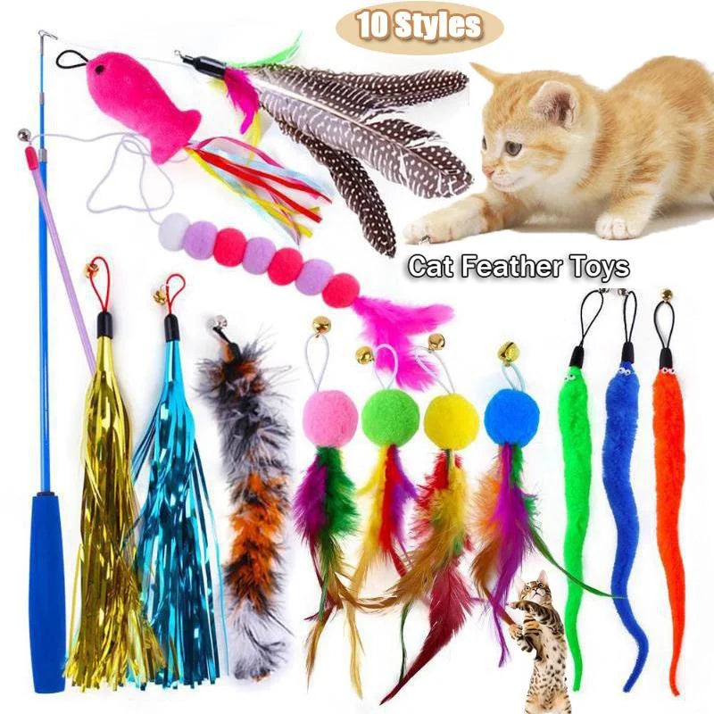 Interactive Cat Feather Toy Set with Telescopic Wand and 10 Attachments