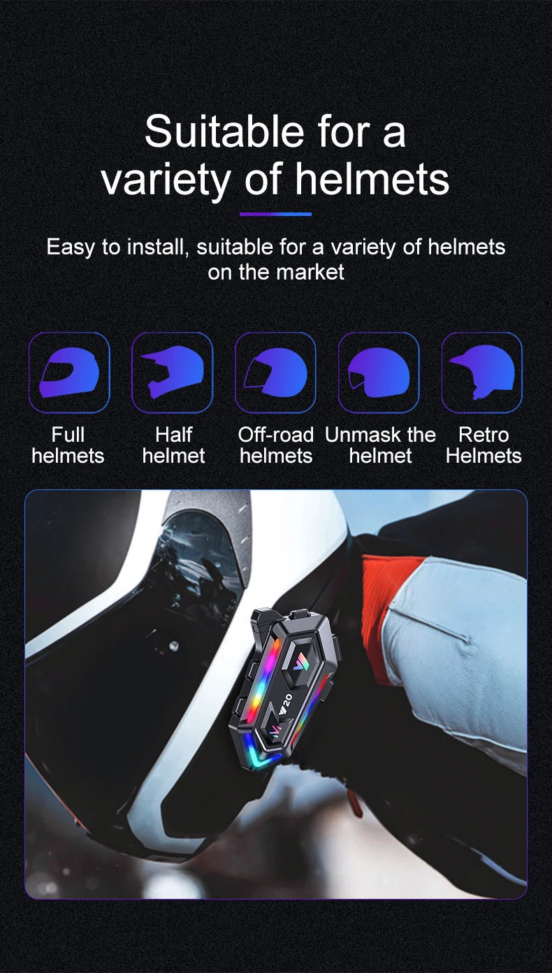 Wireless Motorcycle Helmet Bluetooth Headset with RGB Light