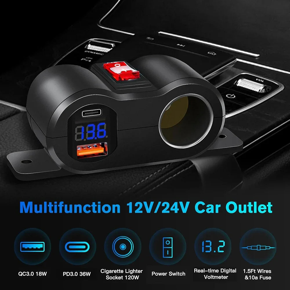 12V USB Car Charger Adapter PD3.0 QC3.0 Cigarette Lighter Socket Splitter - 2