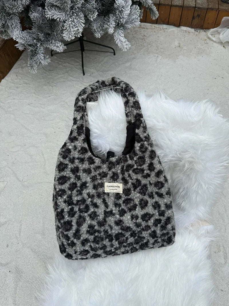 Leopard Print Plush Tote Bag for Daily Commute