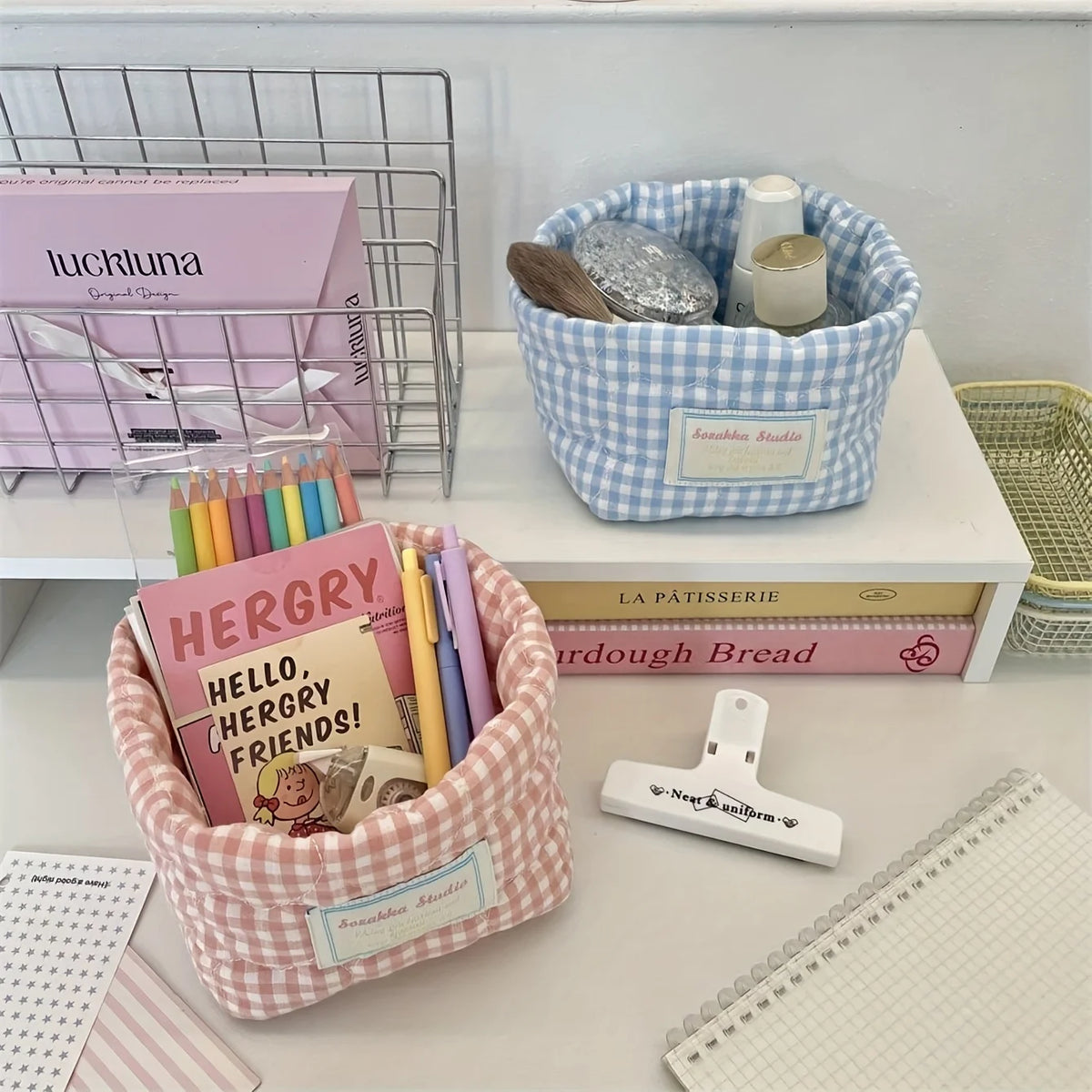 Foldable Plaid Quilted Desktop Storage Basket