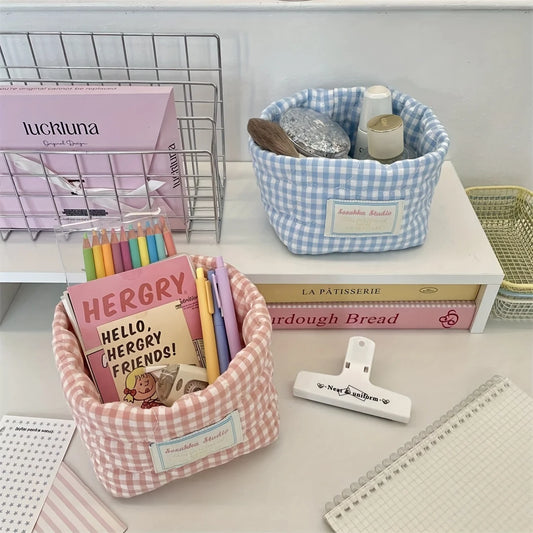 Foldable Plaid Quilted Desktop Storage Basket