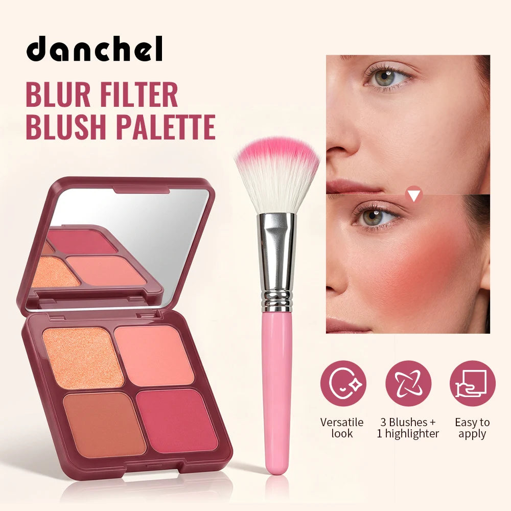 4-Color Matte Blush Palette with Makeup Brush - 2