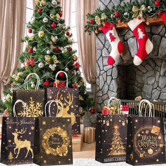Decorative Holiday Kraft Paper Gift Bags with Handles