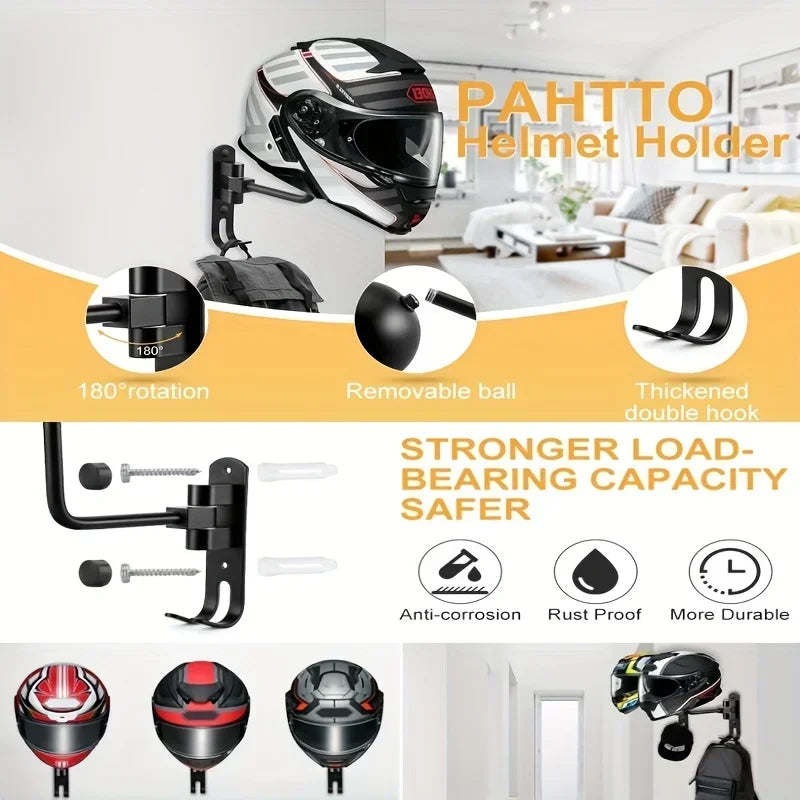 180 Rotatable Helmet Wall Mount Rack 2-in-1 Motorcycle Helmet Holder - 10