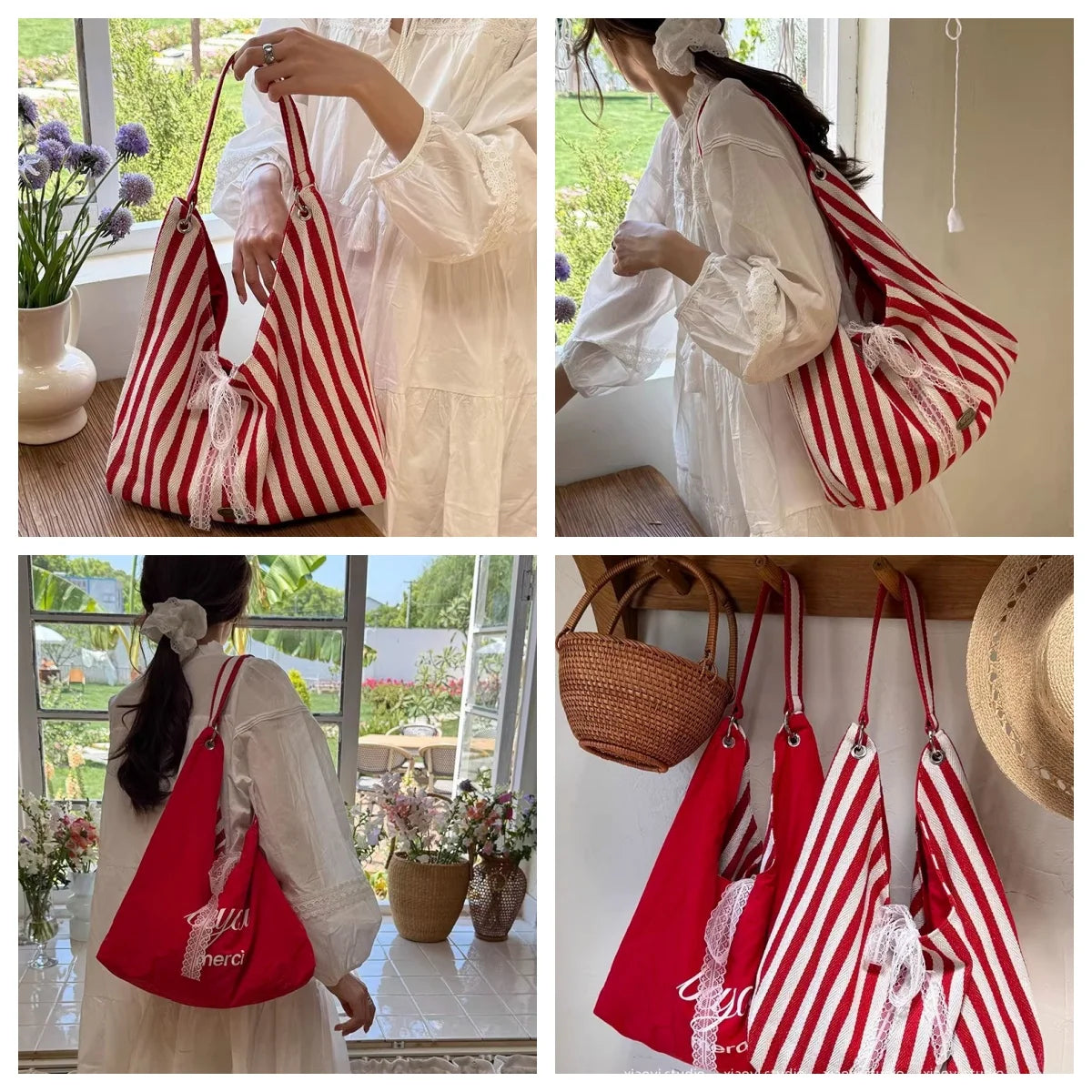 Double-Sided Reversible Tote Bag with Lace Bow
