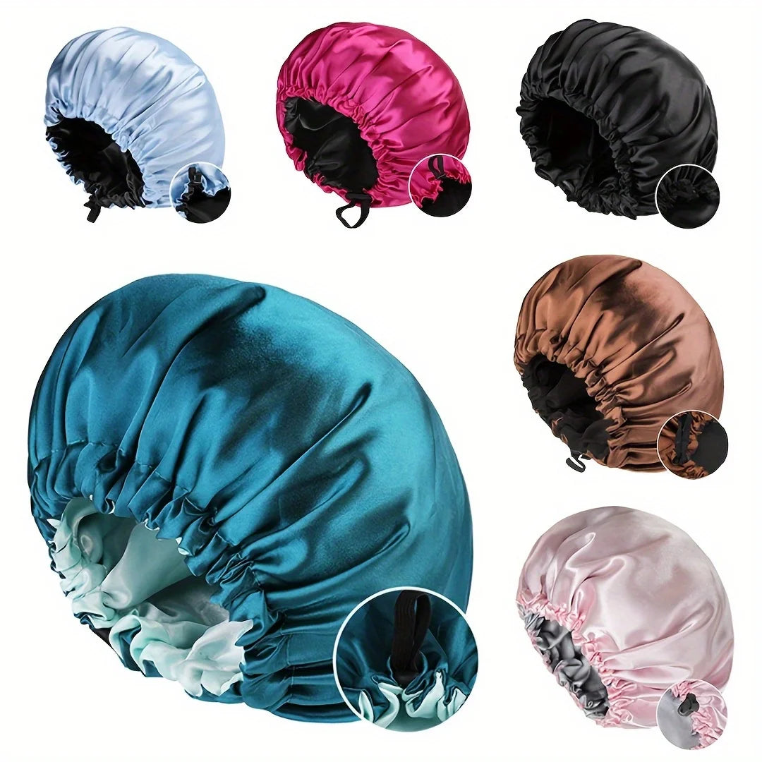 Double Layer Satin Sleep Bonnet Reversible Adjustable Hair Protection Cap