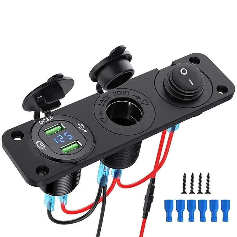Dual USB Car Charger Socket with Voltmeter and Cigarette Lighter - 14