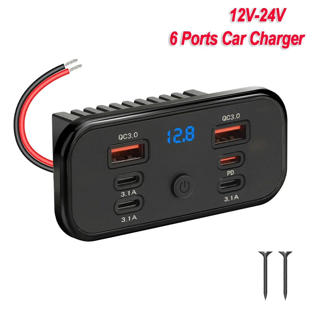 6-Port Fast Charging Car Socket Adapter with LED Voltage Display - 15