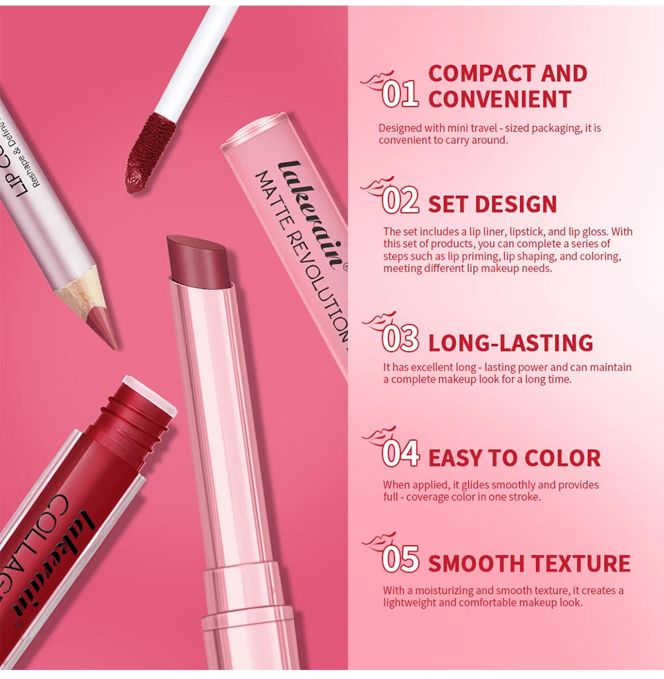 3-Piece Waterproof Matte Lipstick and Lip Liner Makeup Set
