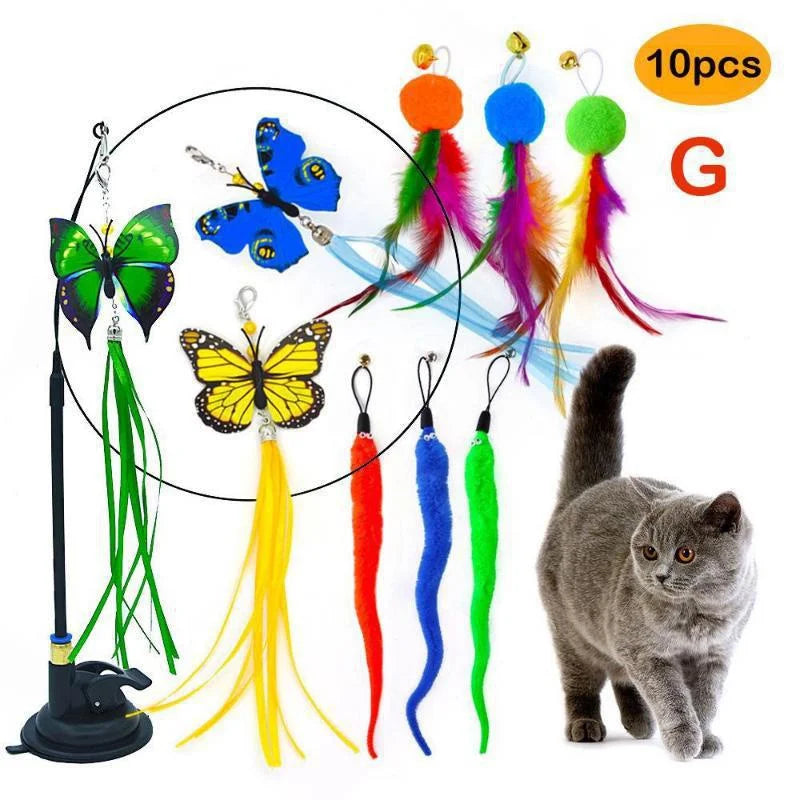 Interactive Cat Feather Toy Set with Telescopic Wand and 10 Attachments