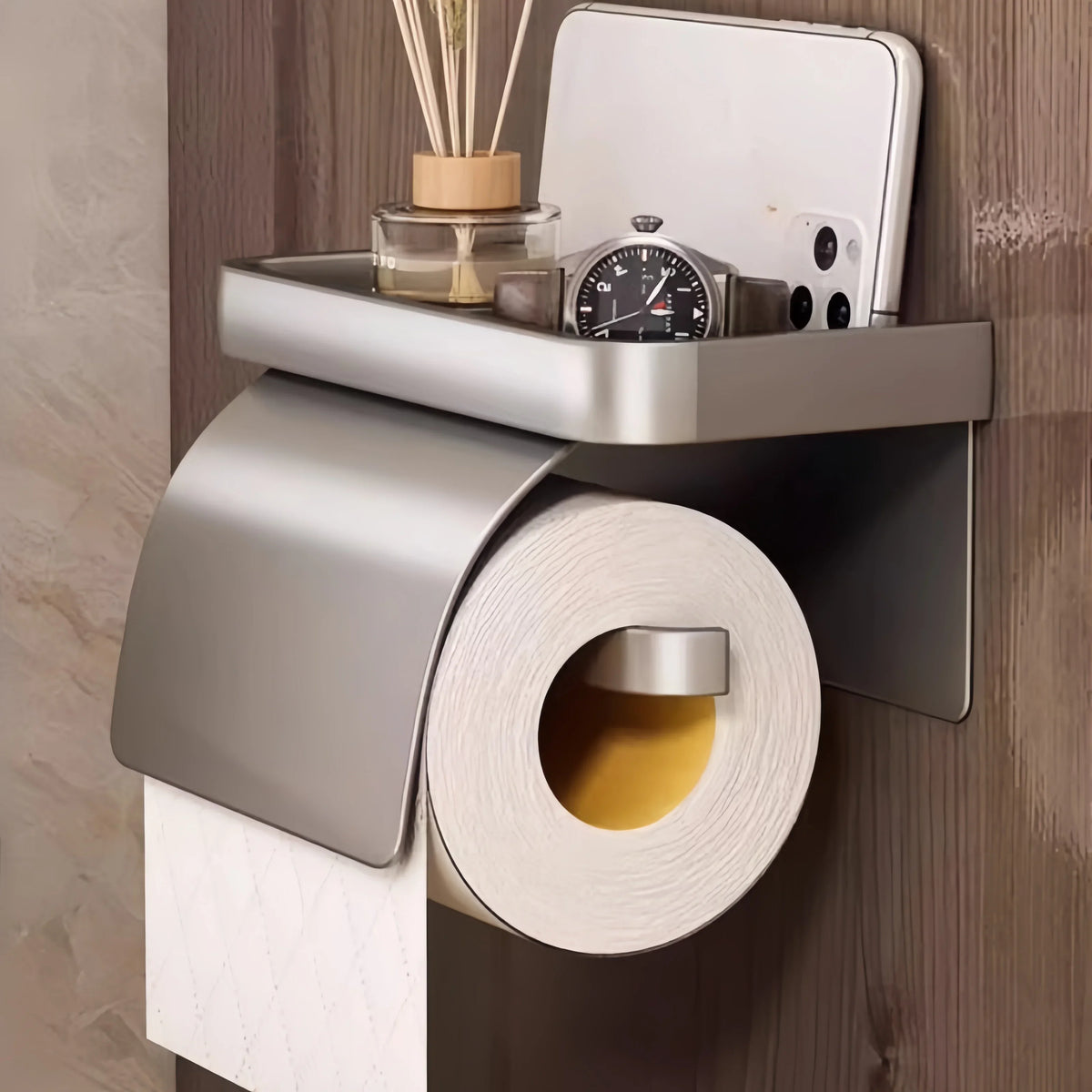 Wall-Mounted Aluminum Toilet Paper Holder with Storage Shelf