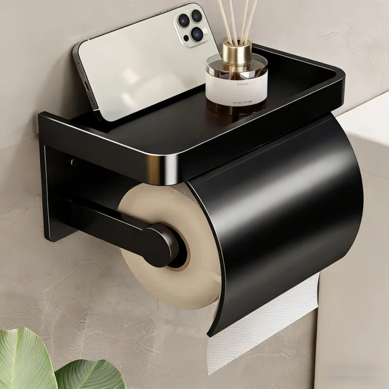 Wall-Mounted Aluminum Toilet Paper Holder with Storage Shelf - 11