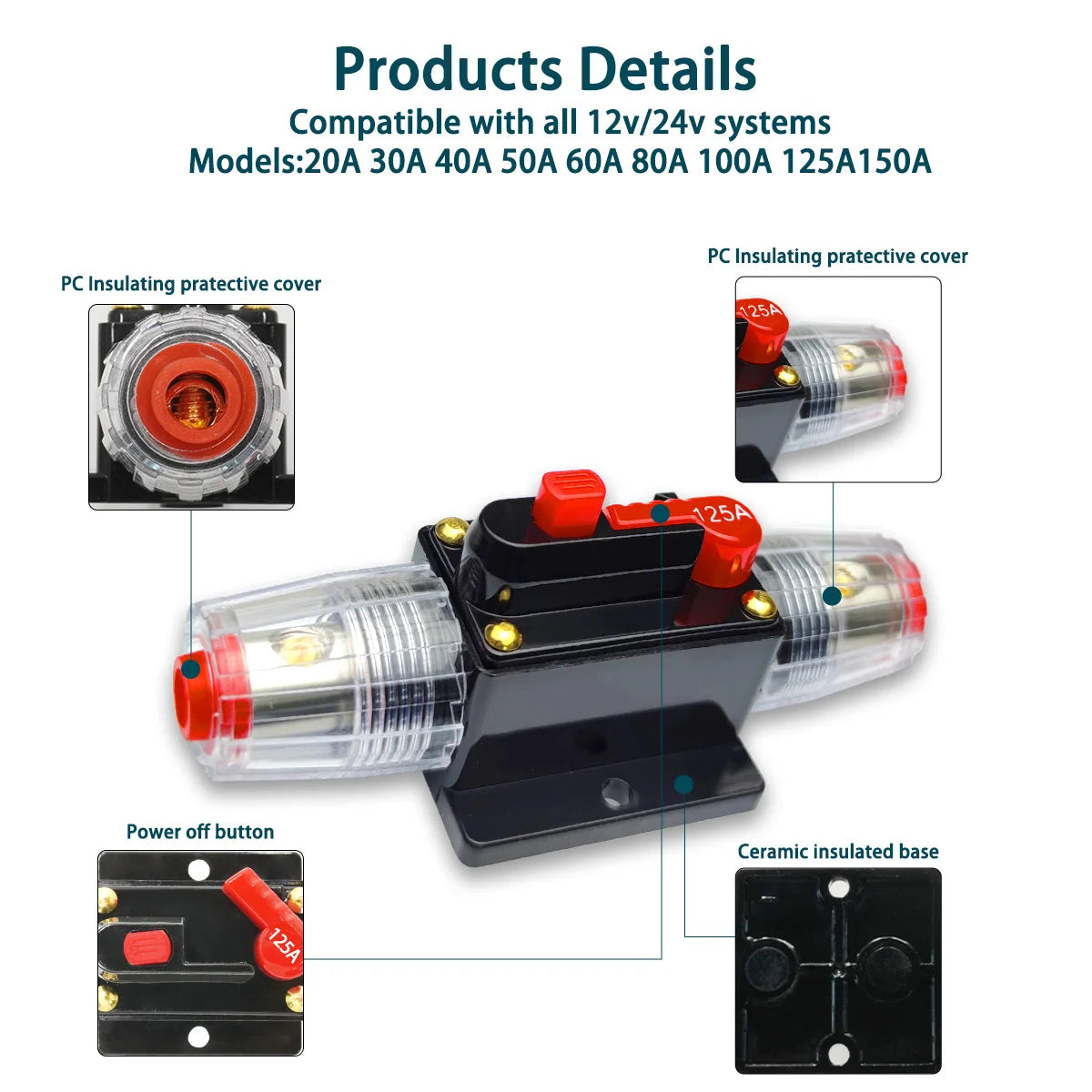 12V-48V DC Waterproof Circuit Breaker Manual Reset Fuse for Car Marine - 7